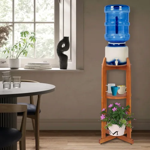 Miniatura 5 de Dispensador de agua de madera maciza natural (32.8 pulgadas de alto - 11.2 pulgadas de ancho) dispensador de bebidas con 2 estantes redondos