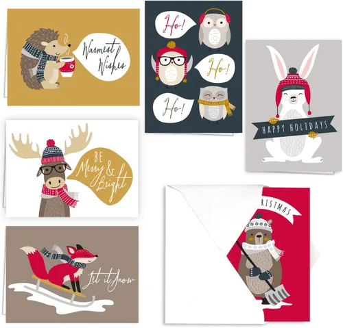 Canopy Street Tarjetas navideñas de animales del bosque, 36 tarjetas con sobres blancos, 6 diseños de animales del bosque de invierno, versos de