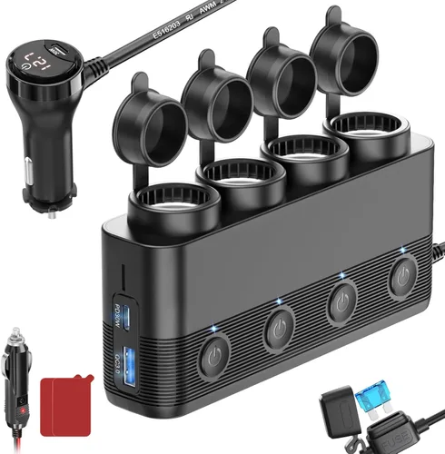 Cargador de coche divisor de encendedor de cigarrillos, 300 W, 4 enchufes, adaptador de 12 V con doble PD 36 W y QC3.0 USB C multipuerto,