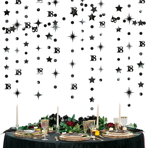 Decoración de cumpleaños número 18 en negro, número 18 con punto circular, guirnalda de estrellas centelleantes, banderines de serpentina metálica,