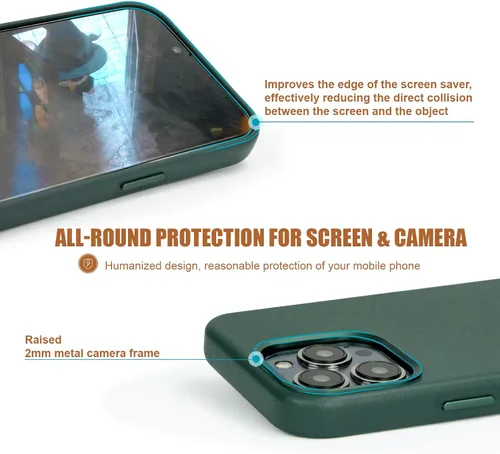 Miniatura 6 de Funda de cuero genuino para iPhone 13 Pro, cuero de grano completo, compatible con MagSafe y carga inalámbrica, bisel de la cámara con botones Verde