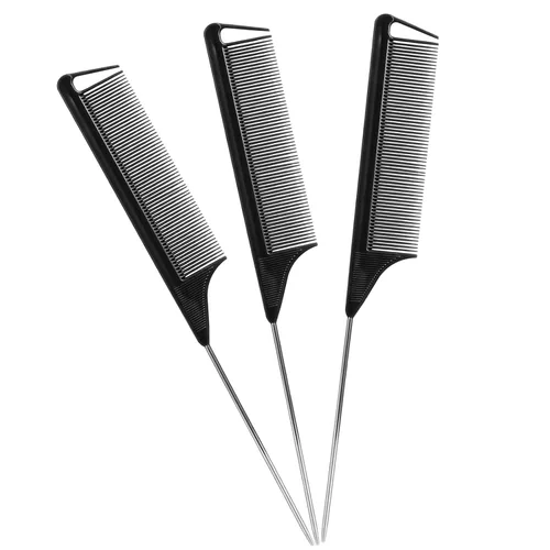 Juego de peines de cola de rata: paquete de 3 peines con pasadores de acero largos para mujeres, peines de separación para todo tipo de cabello Negro