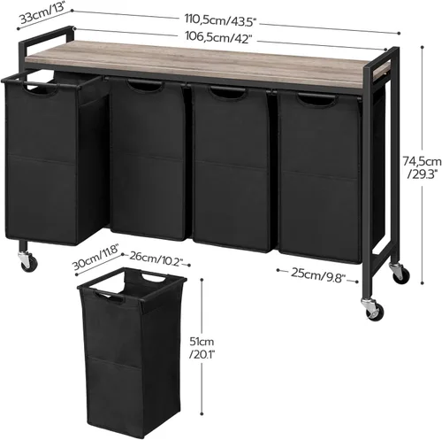 Miniatura 7 de HOOBRO Organizador de lavandería de 4 secciones, cesta de lavandería con ruedas, 4 × 10.5 Gal (39.8L), cesta de lavandería con ruedas, bolsas