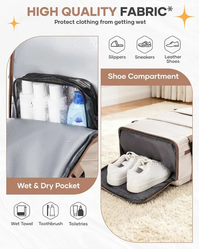 Miniatura 6 de Mochila de viaje grande, bolsa de mano, aprobada para aviones, para artículos personales, para hombre o mujer, color beige con marrón