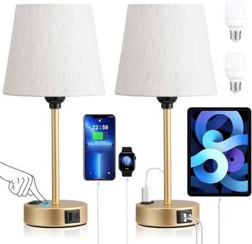Miniatura 15 de Juego de 2 lámparas de noche blancas para dormitorio, pantalla plisada blanca con puertos de carga USB, lámparas táctiles para mesita de noche