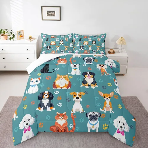 Miniatura 6 de Juego de edredón lindo de perro y gato, tamaño matrimonial, juego de ropa de cama colorido con estampado de patas de cachorro, 3 piezas para niños