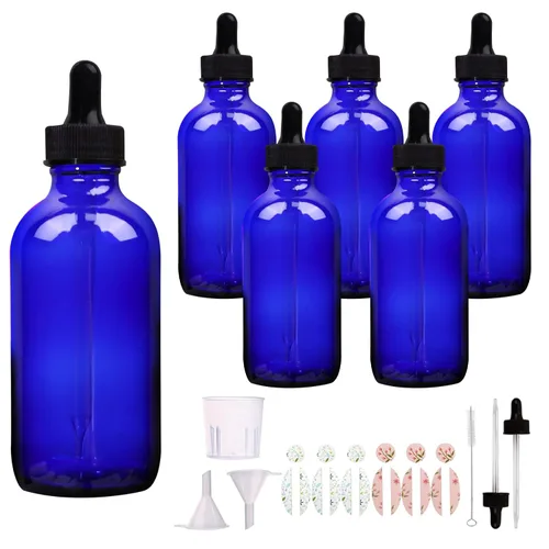 Paquete de 6 botellas de vidrio azul cobalto de 4 onzas con cuentagotas de vidrio para aceites esenciales, perfumes y productos químicos de