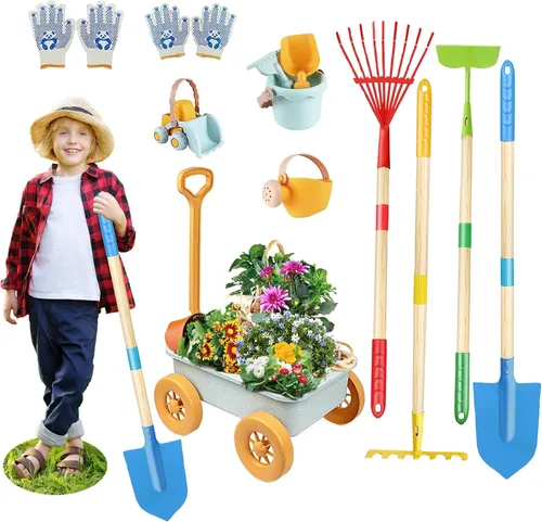 Mostop Herramientas de jardinería para niños, juguetes al aire libre con carretilla, carretilla para niños de 4 a 8 años, juguetes educativos de