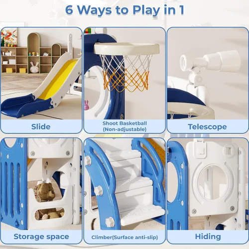 Miniatura 3 de NYEEKOY Tobogán 6 en 1 para niños pequeños de 1 a 3 años, toboganes independientes para niños con aro de baloncesto, telescopio, almacenamiento