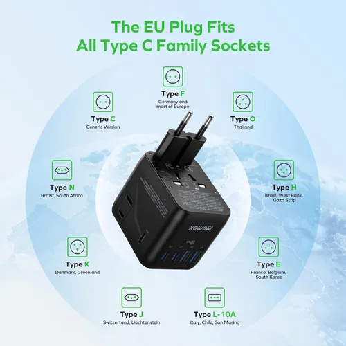 Miniatura 6 de MOMAX Adaptador de viaje universal 7 en 1, adaptador de enchufe de viaje europeo todo en uno con 3 USB-C PD y 2 USB-A QC y 2AC, adaptador de Negro