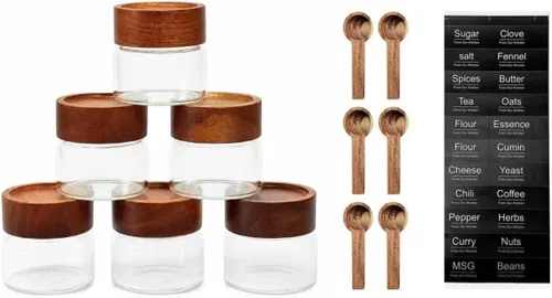 Miniatura 14 de Paquete de 6 Recipientes de Vidrio Herméticos Apilables de 4 oz con Tapas de Acacia - Frascos Mason Pequeños para Avena Nocturna, Almacenamiento