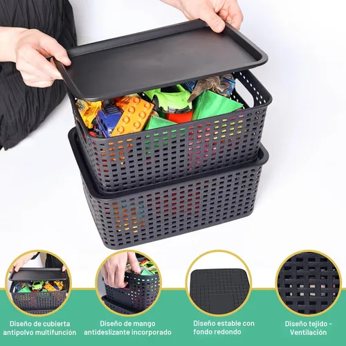 Miniatura 3 de Cestas de almacenamiento de plástico con tapa, contenedores de almacenamiento de plástico apilables: cestas de almacenamiento para organizar