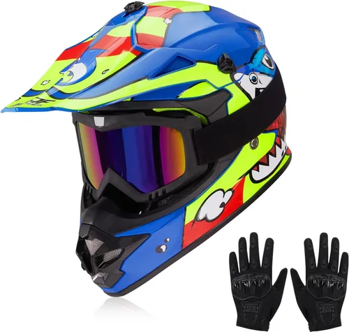 cascos para niños y jóvenes de bicicleta todoterreno, motocross, ATV, BMX, MX, bicicleta todoterreno, casco de motocicleta J-01 con gafas y guantes