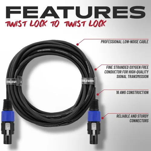 Miniatura 2 de Cableworks Por Gator Cases Backline Series Conector de bloqueo giratorio estándar de 25 pies a conector de bloqueo giratorio Cable de altavoz