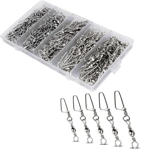Kit de 150 piezas de pesca giratorios, barril de rodamiento de bolas, aparejos de pesca 2 # 4 # 6 # 8 # 10#, aparejos de pesca giratorios a presión