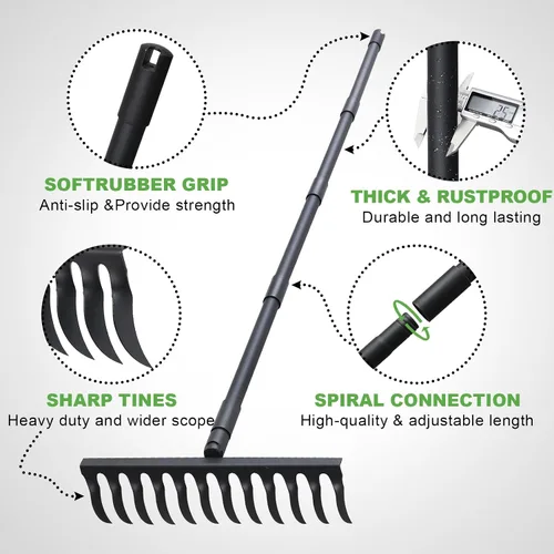 Miniatura 4 de Pragmatist Rastrillo de arco resistente de 60 pulgadas con cabeza de metal para jardín con mango de acero inoxidable ajustable, herramienta