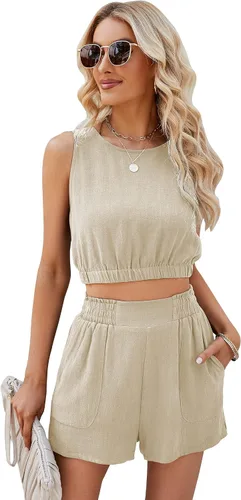 Miniatura 2 de Conjunto de dos piezas de lino para mujer, conjunto de 2 piezas sin mangas para verano