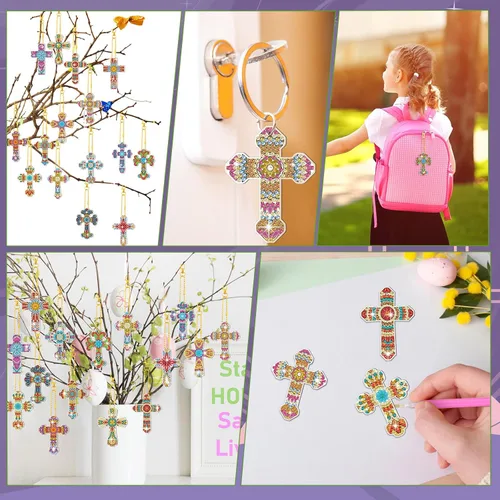 Miniatura 6 de Inbagi 15 piezas de llaveros de pintura de diamante con cruz de Pascua, 5D, bricolaje, cruz de diamante, llaveros colgantes para regalos de fiesta