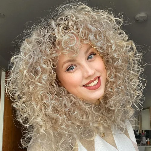 LONAI - Peluca rizada con flequillo para mujer, color rubio ceniza largo con flequillo, WIG006, peluca sintética de tipo shag rizada para uso Rubio