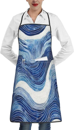 Miniatura 17 de Delantales con pechera para mujeres y hombres, delantales de cocina con bolsillos para cocina, barbacoa, hornear, asar a la parrilla Azul-Dorado