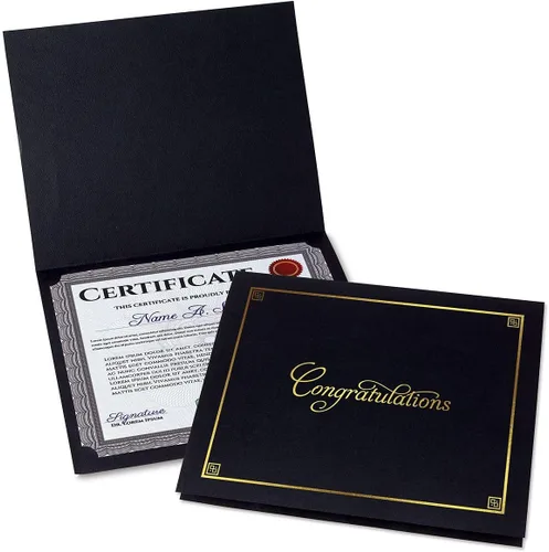 Carpetas para certificados de felicitaciones negras y doradas, paquete de 25, cubierta de lino de 80 libras, plegadas, esquinas troqueladas, para