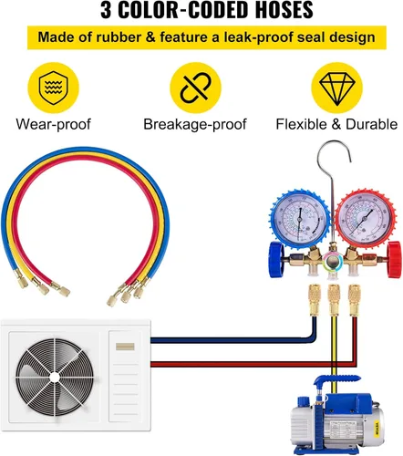 Miniatura 5 de VEVOR 3CFM 1/4HP Bomba de vacío de aire de una sola etapa HVAC R134a R12 R22 R410a Kit de refrigeración para A/C. Juego de manómetros de colector AC