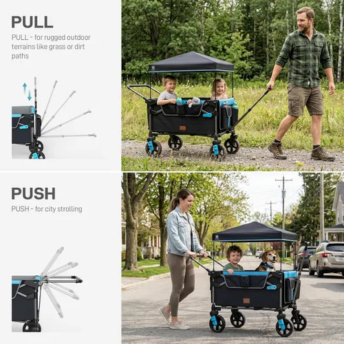 Miniatura 5 de EVER ADVANCED Vagón ultracompacto para 2 niños, vagón cochecito plegable de viaje de empujar y tirar con toldo desmontable, asas y arneses Negro