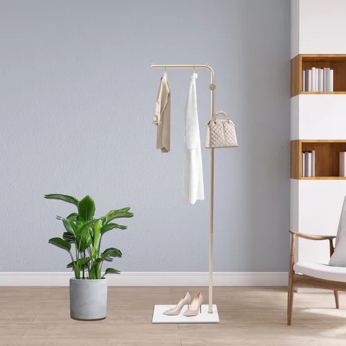 Miniatura 9 de Perchero para ropa de 67 pulgadas con base de almacenamiento y ganchos, perchero resistente para colgar ropa, bolsos, sombreros y zapatos para Dorado