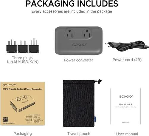 Miniatura 7 de SOKOO Convertidor de voltaje reductor de 230 vatios de 100-220 V a 110 V, convertidor de corriente internacional/adaptador de viaje, uso