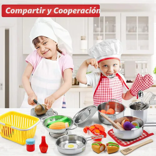 Miniatura 3 de Juego de accesorios de cocina para niños, juego de 32 artículos de ollas y sartenes de acero inoxidable con organizador de estante, utensilios