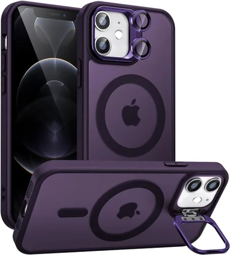 Miniatura 28 de Funda magnética para iPhone 11 con soporte, compatible con Magsafe, protección militar y protector de lente de cámara, funda translúcida mate
