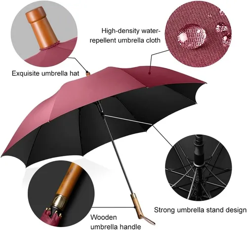 Miniatura 2 de Paraguas grande con mango de madera para lluvia, paraguas de golf abierto automático, resistente al viento, 54 pulgadas, elegante paraguas