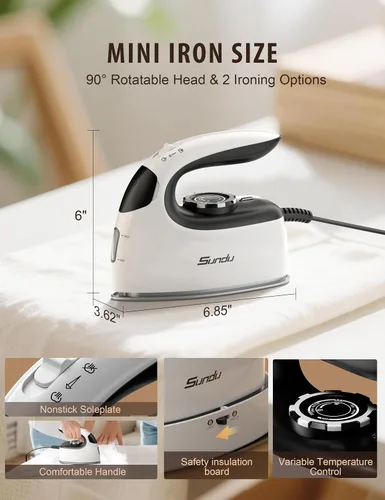 Miniatura 2 de Sundu Plancha Pequeña para Ropa con Vapor, Plancha de Viaje Portátil con Placa Antiadherente para Acolchado y Costura, 300 Orificios de Microvapor