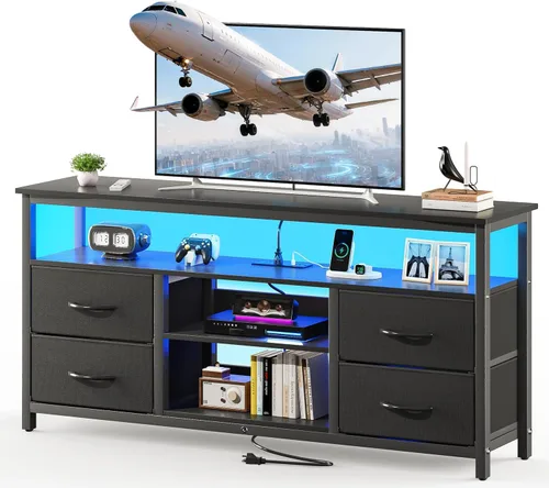 Miniatura 10 de Haewon - Soporte de TV negro con luces LED y tomas de corriente, centro de entretenimiento para TV de 55 pulgadas, mesa de consola de medios con 4