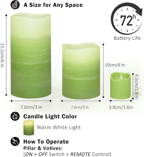 Miniatura 7 de FURORA LIGHTING Velas sin llama verde ombré, cera real, brillo ajustable, control remoto y temporizador, 4 pilares (3 x 4, 3 x 6) y 4 votivos