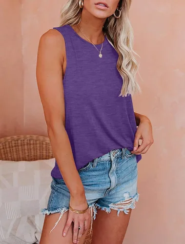 Miniatura 2 de Bliwov Camiseta sin mangas para mujer, cuello redondo, ajuste holgado, básica, color sólido, informal, para verano