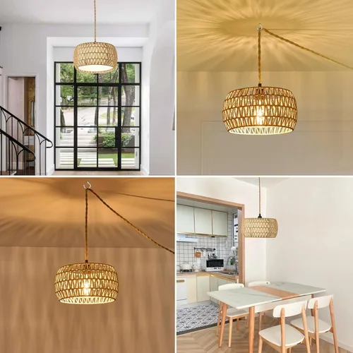 Miniatura 5 de Lámpara colgante de ratán bohemio de 12 pulgadas, lámpara de araña de mimbre rústica tejida a mano con cable para comedor, cocina, dormitorio