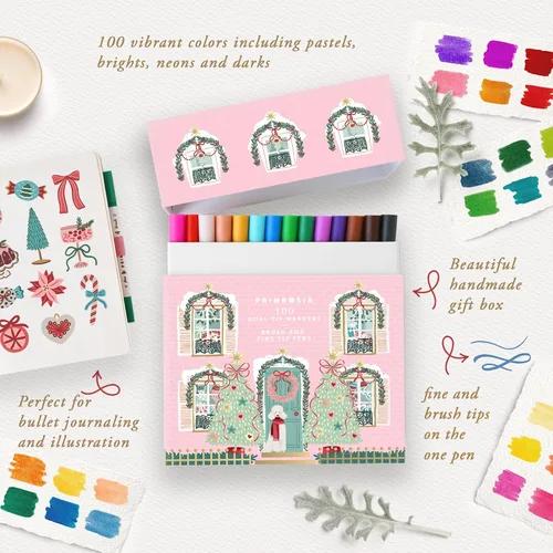 Miniatura 6 de Primrosia 100 marcadores artísticos de doble punta, caja de regalo de edición navideña. Juego de puntas finas y de pincel para diario, caligrafía