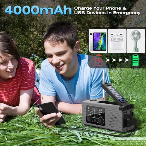 Miniatura 5 de Nitigo - Radio de emergencia de 4,000 mAh con manivela solar AM/FM/NOAA, portátil, con cargador de teléfono, linterna LED, lámpara de lectura