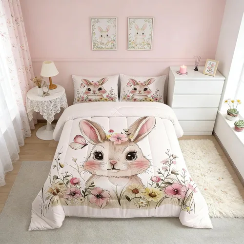 Miniatura 13 de Feelyou Juego de ropa de cama de conejo para niños, tamaño individual, juego de edredón de conejo para niñas y mujeres, edredón de plumón verde