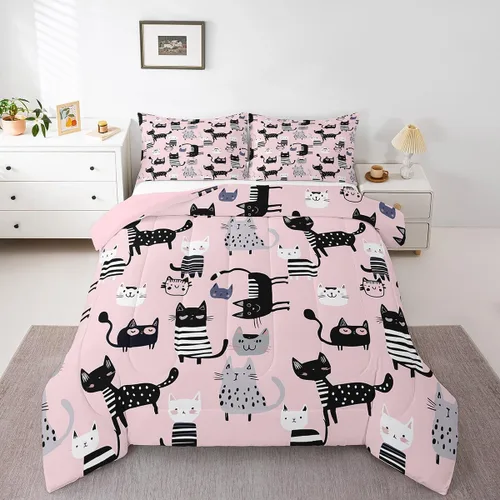 Miniatura 29 de Erosebridal Lindo juego de edredón de gato, tamaño individual, kawaii, fresa, juego de ropa de cama para niñas, diseño de arco iris, edredón rosa