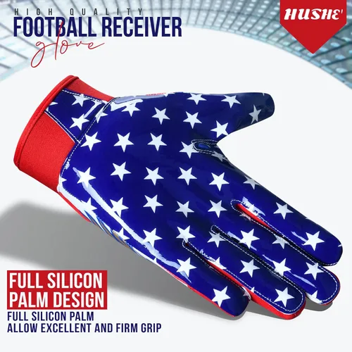 Miniatura 4 de Hushe' Guantes de fútbol con bandera americana de silicona con agarre para jóvenes, guantes receptores de fútbol con bandera de EE. UU. Guantes