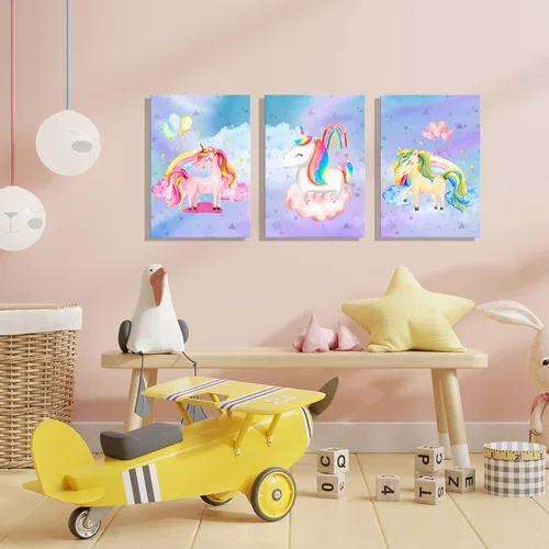 Miniatura 3 de YUANAND Arte de pared de unicornio para dormitorio de niña, cuadros de lienzo de arcoíris para decoración del hogar del cuarto del bebé, carteles