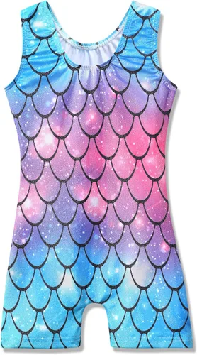 Miniatura 72 de HOZIY - Leotardos de gimnasia con pantalones cortos brillantes para niñas pequeñas; estampados de unicornio, aurora, arco iris, sirena, dinosaurio