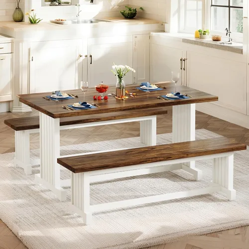Miniatura 2 de Tribesigns Juego de mesa de comedor pequeña de 47 pulgadas para 2, mesa de cocina de 3 piezas con 2 bancos, muebles de cena de madera de granja