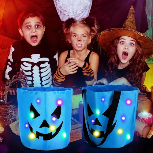 Miniatura 7 de Yaomiao 4 cubos de Halloween para trucos o golosinas para niños, bolsas de dulces de calabaza con luces LED, cestas de regalo reutilizables para Azul
