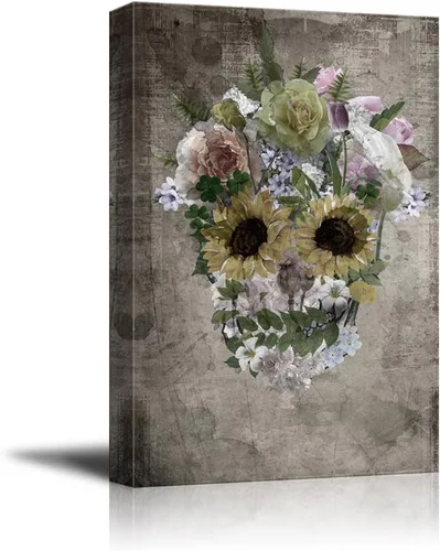 Miniatura 7 de wall26 - Lienzo decorativo para pared, calavera y flores sobre fondo abstracto, arte moderno para el hogar, listo para colgar, 32 x 48 pulgadas Obra