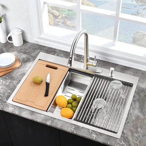 Miniatura 3 de Fregadero de cocina de acero inoxidable de 25 x 20 x 10 pulgadas, con caída en la parte superior, calibre 16, cuenco individual profundo, fregadero