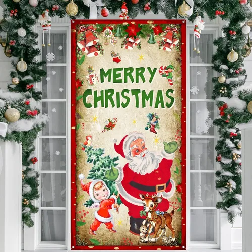 ssailue decor Telón de fondo vintage de puerta 'Feliz Navidad' con Papá Noel, alce, árbol de Navidad, pancarta colgante para Año Nuevo,
