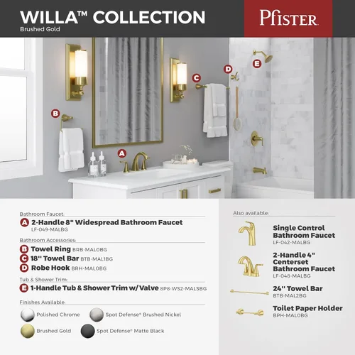 Miniatura 5 de Grifo Pfister Willa para lavabo de baño, 8 pulgadas de separación amplia, 2 manijas, 3 orificios, certificado NSF, acabado dorado cepillado, Oro